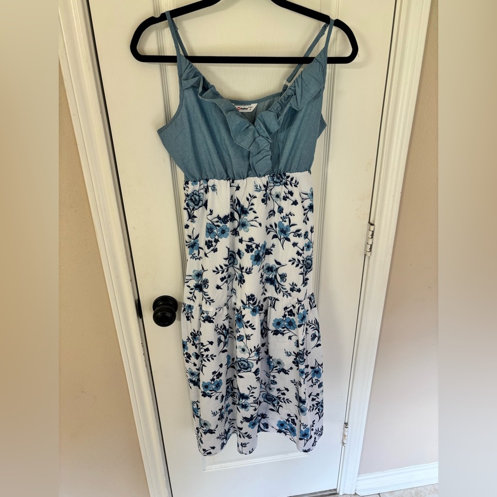 PatPat Women’s 100% Cotton Blue‎ Denim Ruffled Top Tiered Floral Midi Dress Sz S